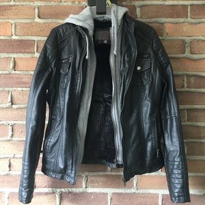 Black Leather coat with false grey hood
